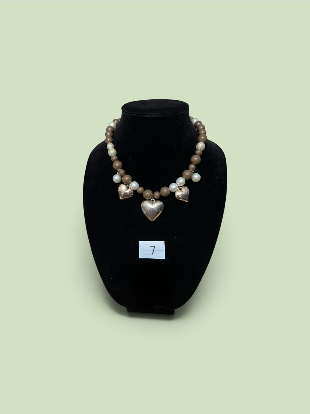 Heart Charm Beaded Necklace in Metallic Brown and Pearl